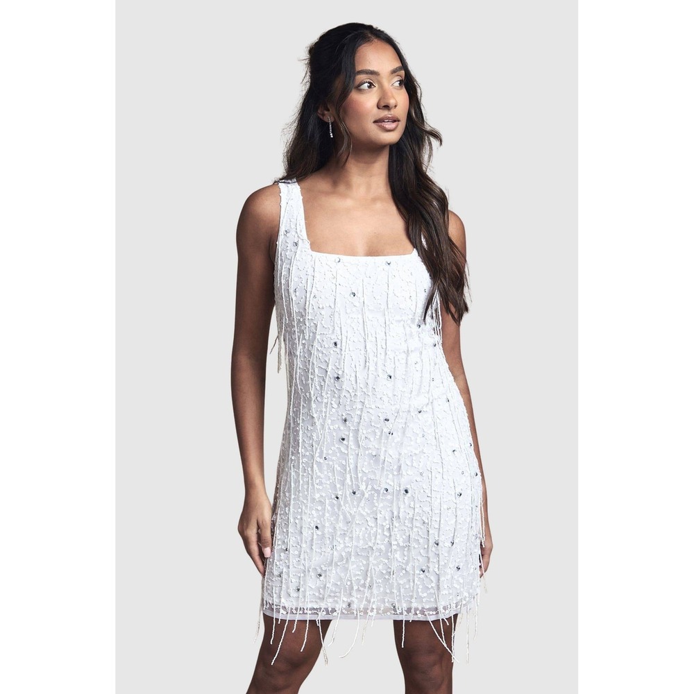 Coast Bridal Sequin Fringe Embellished Ivory Mini Dress US 6 NWT